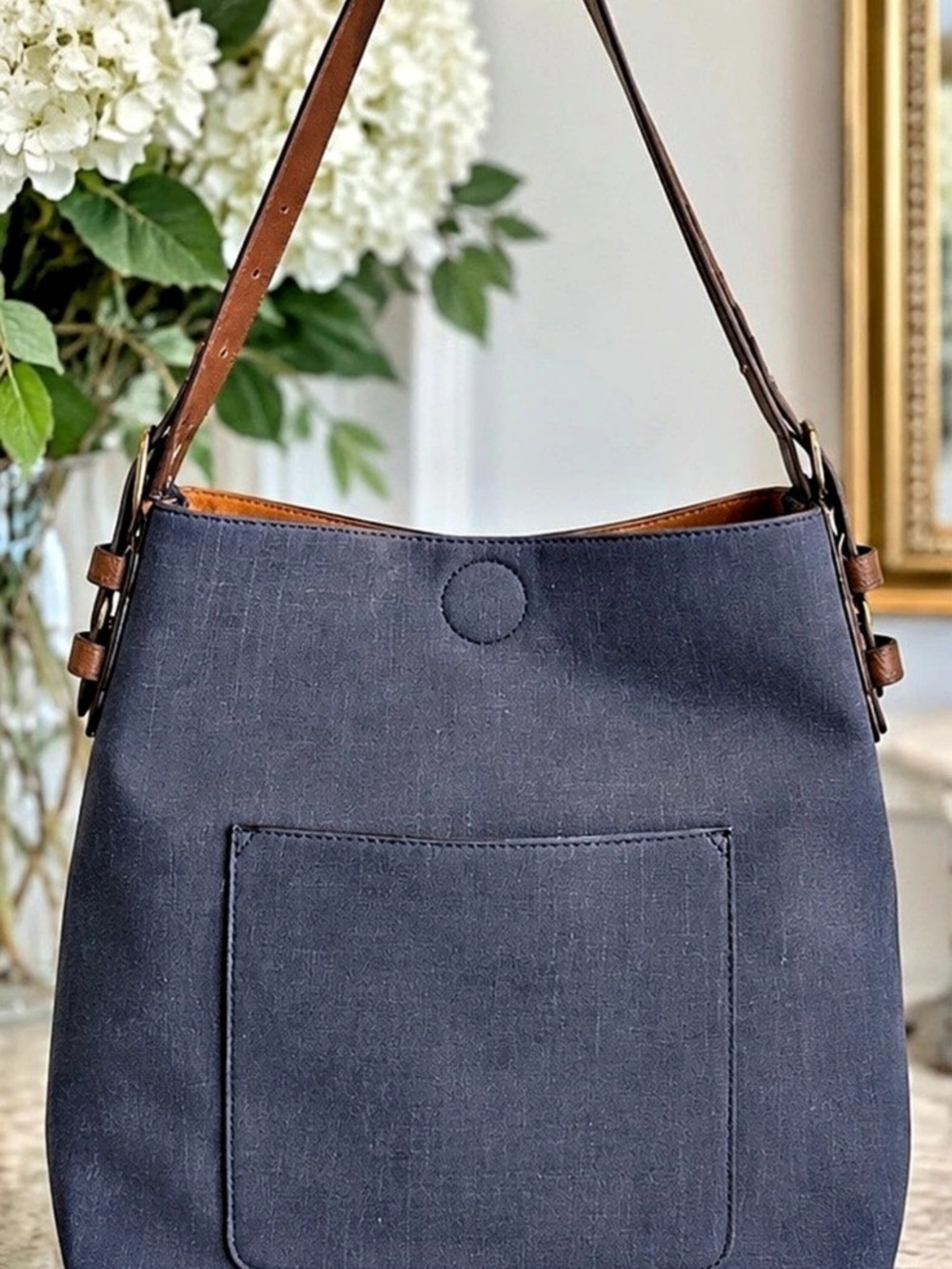Navy Blue & Tan Soft Canvas Shoulder Bag Bucket Tote Adjustable Strap Like New